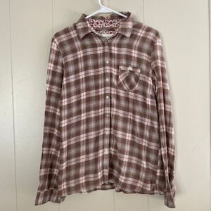 Aéropostale Plaid Button Down Shirt Brown Pink Flannel Top Women’s XL 100% Cotto